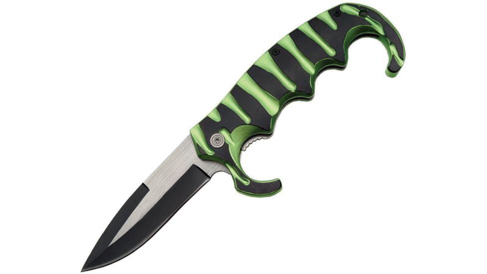 China Made Linerlock Green and Black A/O Folding Knife,3.5in,Stainless Steel,Black,Aluminum Handle CN300289GN