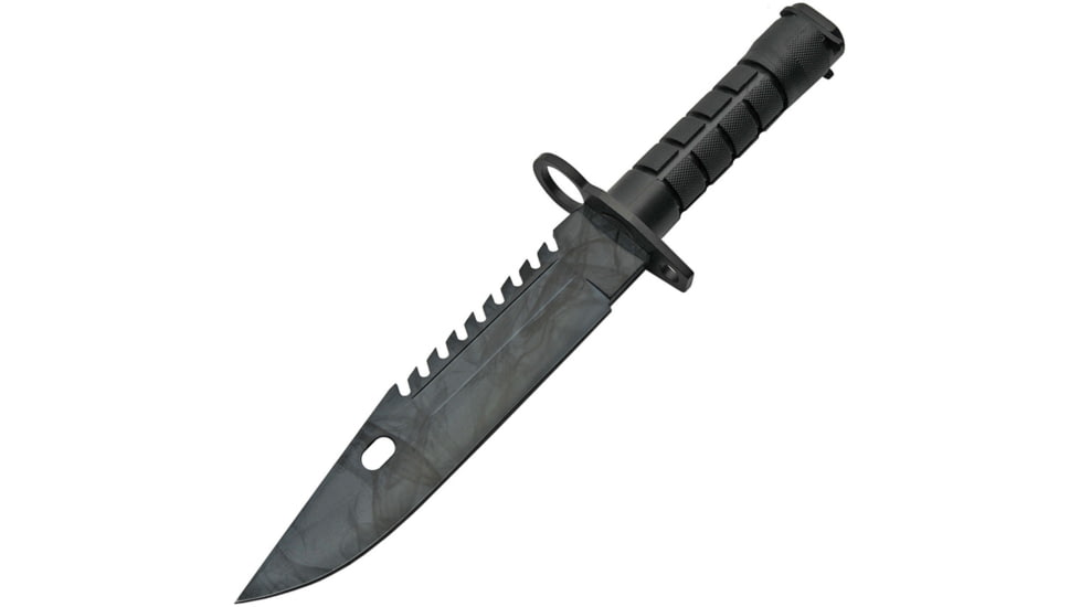 China Made M9 Military Camo Knife, 8 gray and black finish stainless sawback clip po, Black synthetic handle, 211490