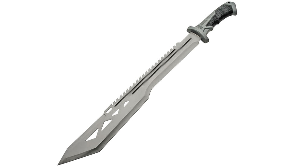 China Made Macho Machete Satin Fixed Blade Knife, 25in Overall, 19.25in Satin Sawback SS Blade, Black/Gray Rubberized Synthetic Handle, Black Nylon Belt Sheath, Black /Gray, 926936-SL