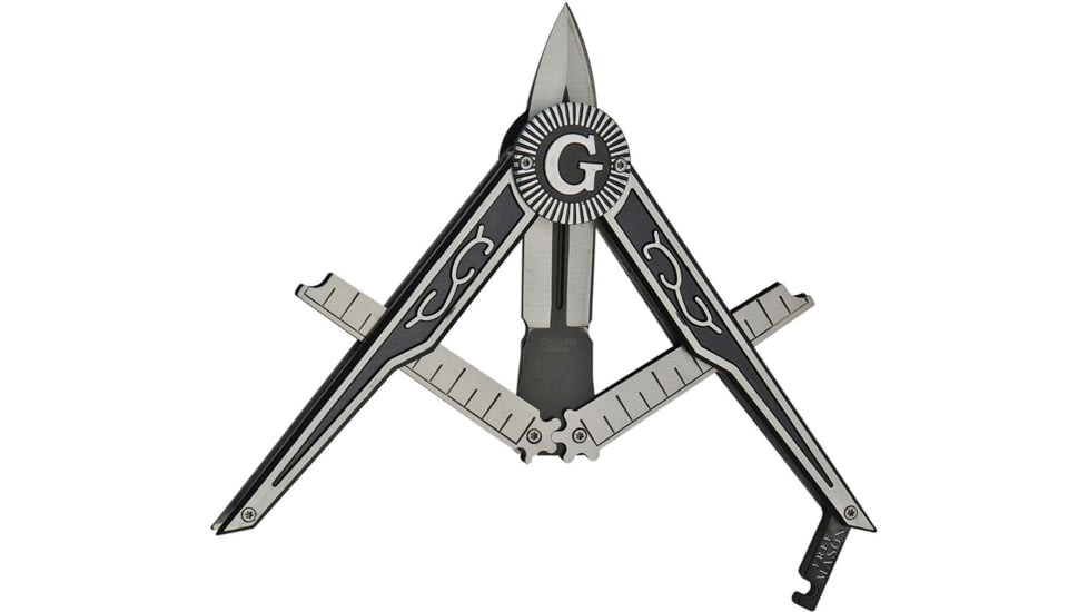 China Made Masonic Paratrooper Folding Knife, 3.5 two-tone finish stainless blade, Black and silver aluminum handle, 211463