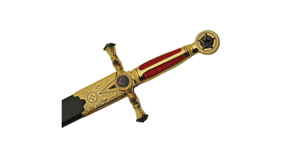 China Made Masonic Sword, 29.5in Overall, 23in Mirror Unsharpened SS Blade, Metal Alloy Guard And Pommel, Gold Finish Metal And Red Velveteen Handle, 926930