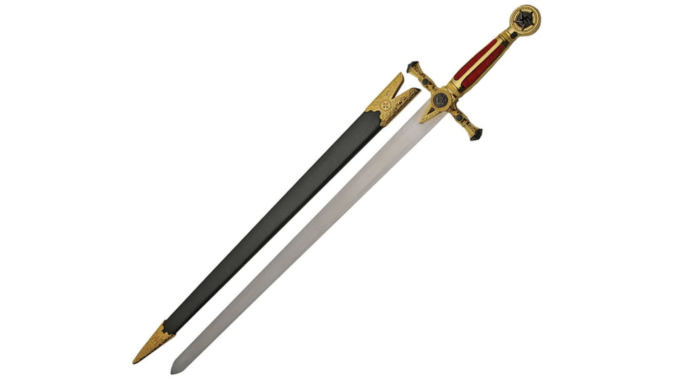China Made Masonic Sword, 29.5in Overall, 23in Mirror Unsharpened SS Blade, Metal Alloy Guard And Pommel, Gold Finish Metal And Red Velveteen Handle, 926930