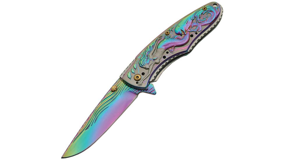 China Made Mermaid Linerlock Spectrum A/O Folding Knife,3.5in,Stainless Steel,Standard Edge,Spectrum and Satin CN300399RB