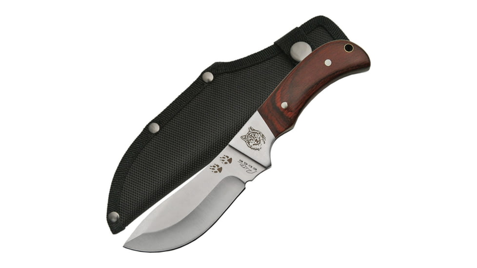 China Made Outdoorsman Wolf Skinner Fixed Blade Knife, Outdoorsman Skinner, 8in Overall, 3.75in Satin SS Skinner Blade, Brown Wood Handle, SS Bolster, Wolf Artwork, Black Nylon, Brown, 211389-WF