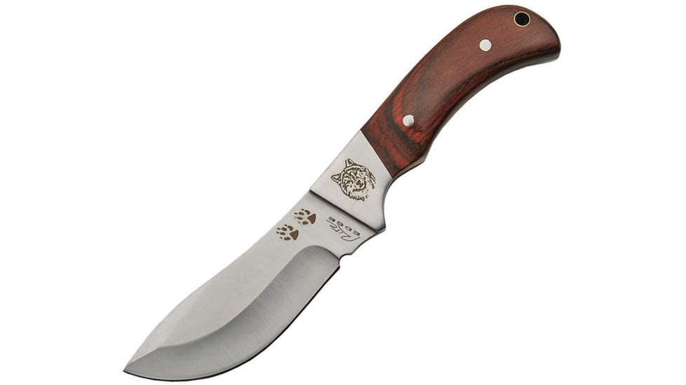 China Made Outdoorsman Wolf Skinner Fixed Blade Knife, Outdoorsman Skinner, 8in Overall, 3.75in Satin SS Skinner Blade, Brown Wood Handle, SS Bolster, Wolf Artwork, Black Nylon, Brown, 211389-WF