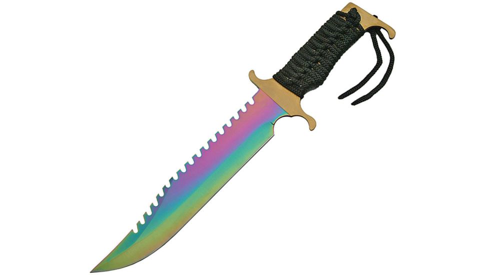 China Made Rainbow Ridge Bowie Fixed Blade Knife, 9.75in, Stainless Steel, Standard Edge, Sawback, Black, Cord Wrapped Handle CN211228RB