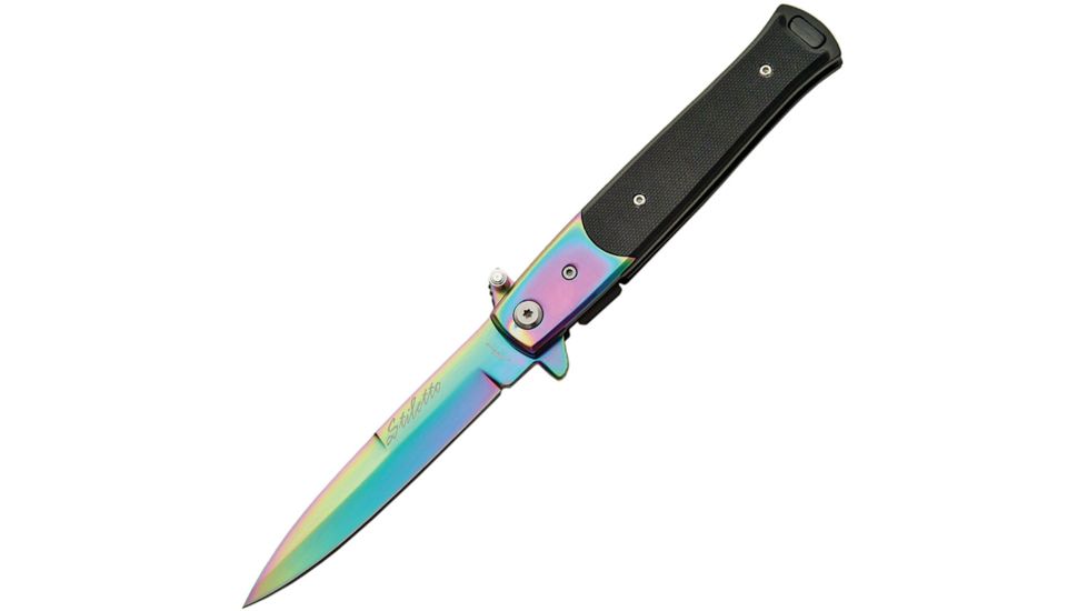 China Made Rainbow Stilletto A/O Folding Knife,3.75in,Black,G10 Handle CN300102RB