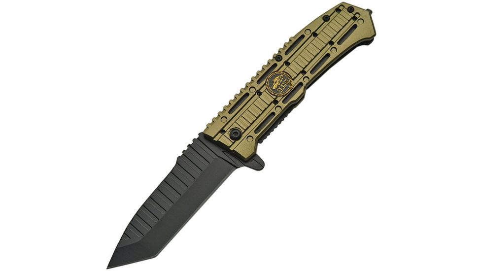 China Made Ridge Linerlock Army Green A/O Folding Knife,3.5in,Stainless Steel,Standard Edge,Tanto,Black,Green,Aluminum Handle CN300380AR