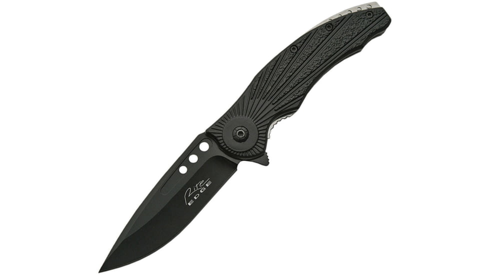 China Made Rising Sun Linerlock A/O Folding Knife, Rising Sun Linerlock, Assisted Opening, 4.5in Closed, 3.5in Black SS Drop Point, Black Textured Aluminum, Black, 300419-BK
