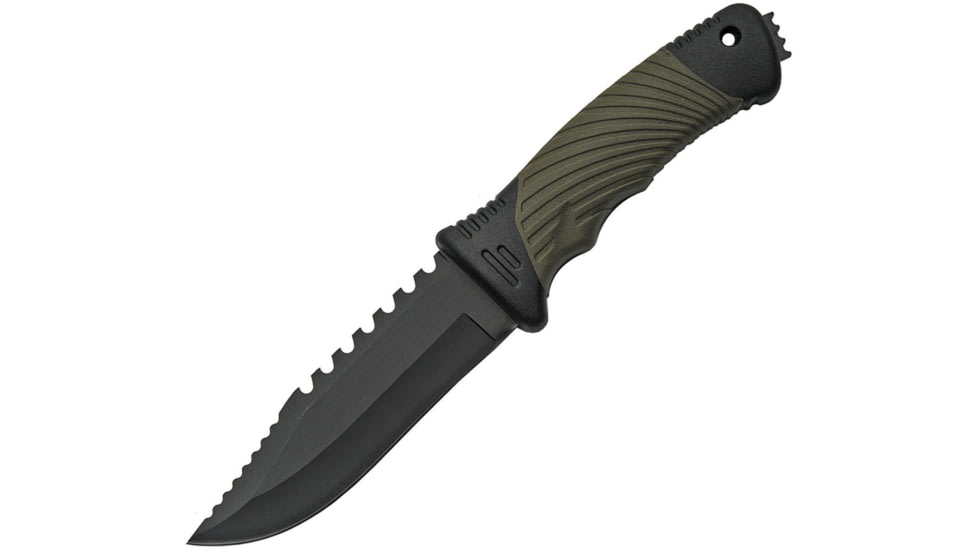 China Made Saw Back Plastic Handle Knife, 4.25 black finish sawback stainless blade, Black plastic handle with green rubber onlay, 211493-SB