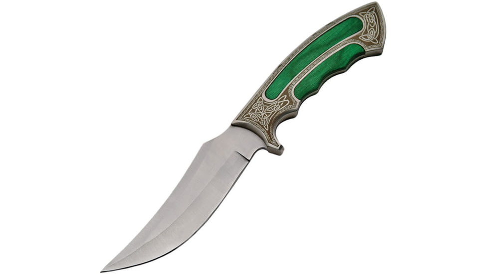 China Made Silver &amp; Green Fancy Bowie Fixed Blade Knife, Gentleman Hunter Bowie, 10in Overall, 5in Satin SS Clip Point, Brushed SS Handle, Green Pakkawood Handle Inlays, Black Nylon, 211396-GN