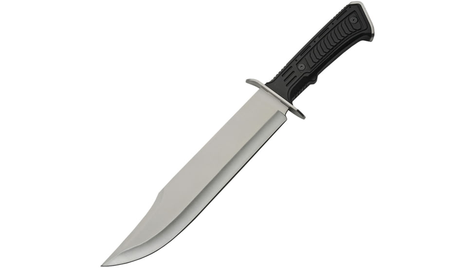 China Made Silver Tech Bowie Knife, 9.5 satin finish 420 stainless clip point blade, Black rubberized ABS handle, 211515-SL