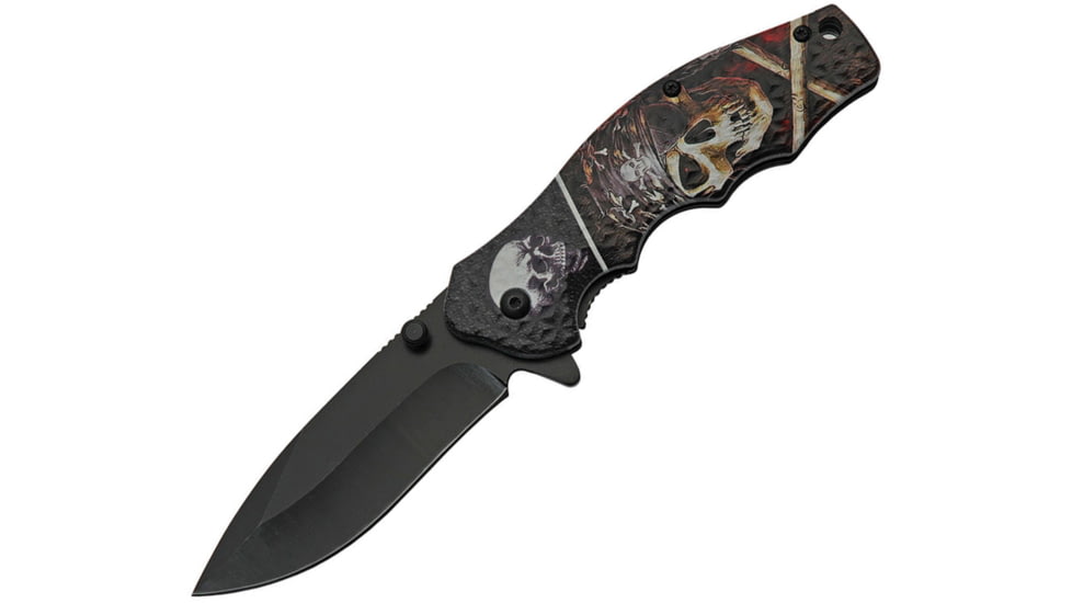 China Made Skull Linerlock A/O Folding Knife, 3.25 black finish stainless blade, Pirate skull handle artwork, Black plastic handle, 300502-PR
