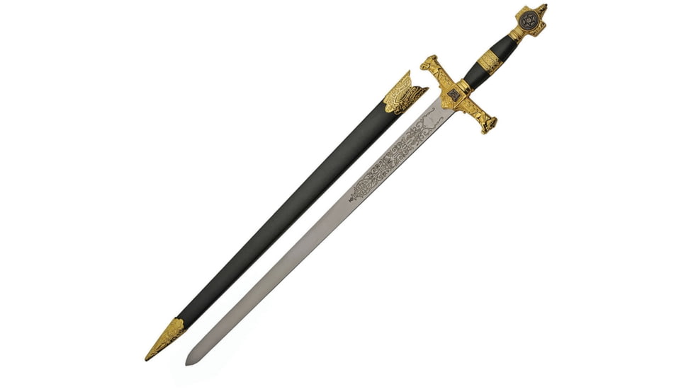 China Made Star Of David Sword, 30in Overall, 22in Mirror Unsharpened SS Blade, Black/Gold Synthetic Handle, Black and gold, 926927
