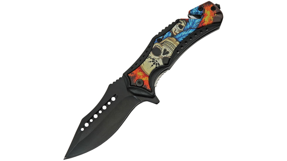 China Made Sugar Skull Linerlock A/O Folding Knife, 3.75 black finish stainless blade, Black ABS handle, 300499