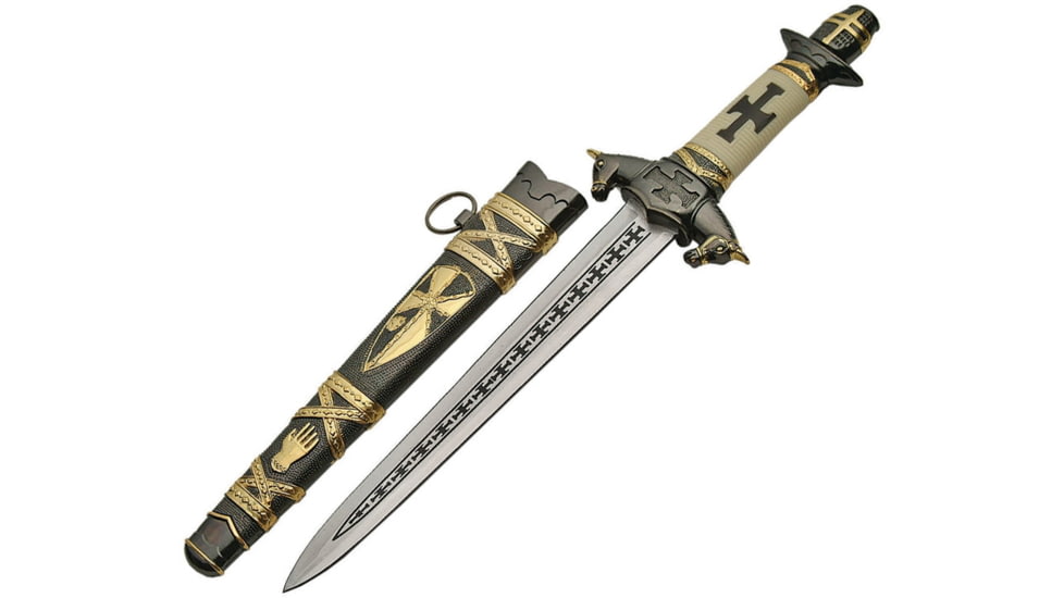 China Made Templar Dagger Fixed Blade Knife, 14.5in Overall, 8.5in Double Edge SS Dagger Blade, White Grooved Synthetic Handle, white, 211412