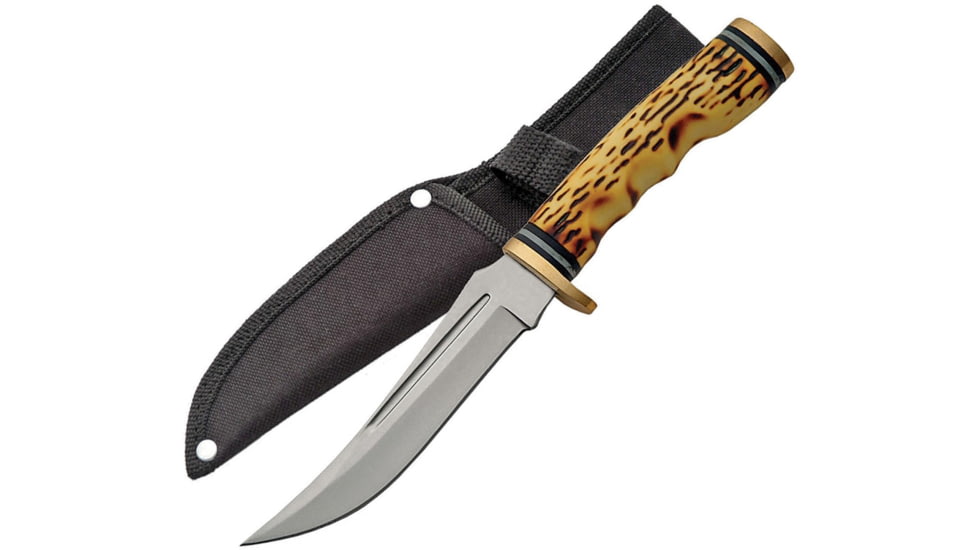 China Made Upswept Hunter w/Finger Grooved Imitation Stag Handle, Fixed Blade Knife, 9.25in Overall, 5in Mirror SS, Finger Grooved Imitation Stag Handle, Brass Guard And Pommel, Black Nylon, 210914