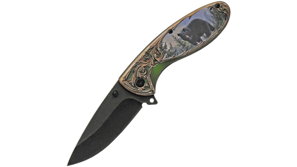 China Made Wildlife Linerlock Bear Folding Knife, 3 black stonewash finish stainless blade, ABS handle, 300508-BE