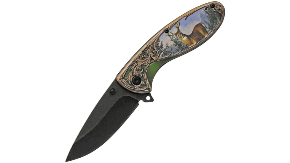 China Made Wildlife Linerlock Deer Folding Knife, 3 black stonewash finish stainless blade, ABS handle, 300508-DE