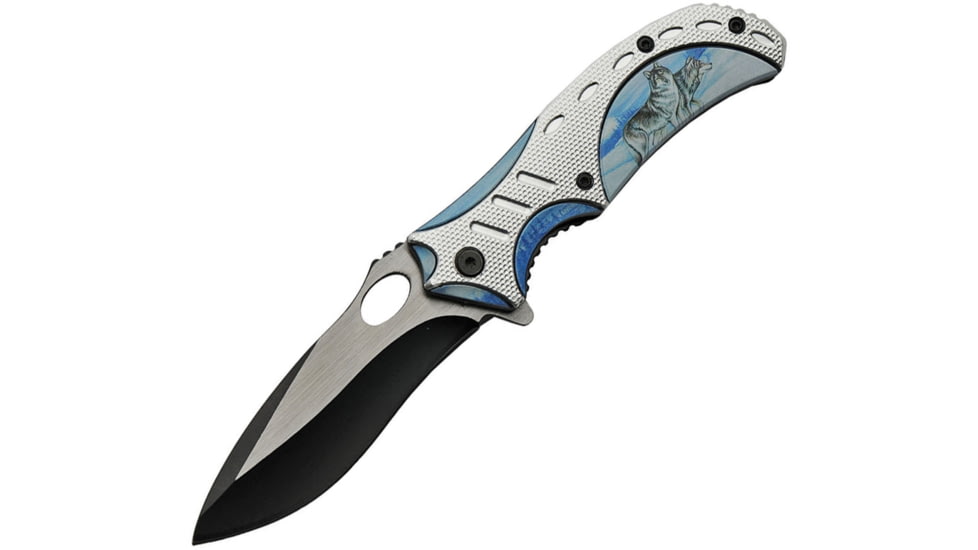 China Made Wolf Linerlock A/O Folding Knife, 4.75in Closed, 3.75in Two-Tone Finish SS Blade, Black Synthetic, Black, 300490-WF
