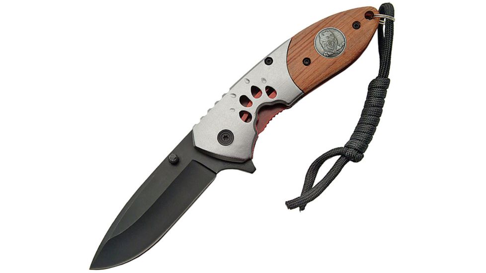 China Made Wolf Track Linerlock A/O Folding Knife,3in,3Cr13 Stainless Steel,Drop Point,Wood Handle CN300272WF