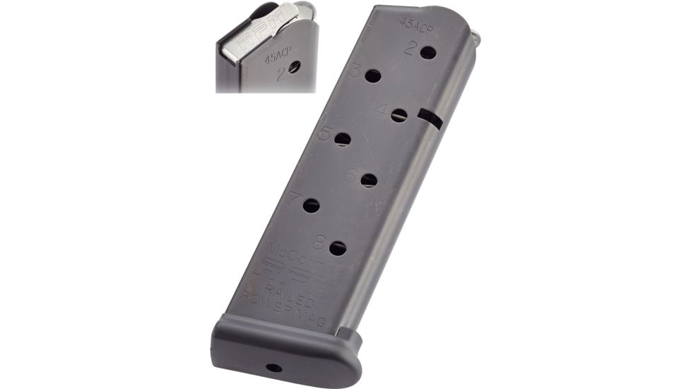 CM Products Power Mag Railed 1911 Government Pistol Magazine, .45 ACP, 8 Round, Black, 1 Pack, Stainless Steel, M-RPM-45FS8-B-8RD