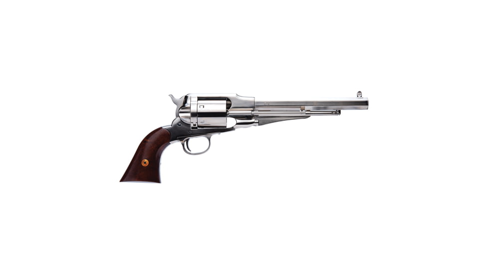 Cimarron Arms 1858 New Model Army Revolver, .45 Long Colt, 8in Barrel, Fixed, Nickel Frame, Wood Grip, 6 Round Cylinder, CA1000N00