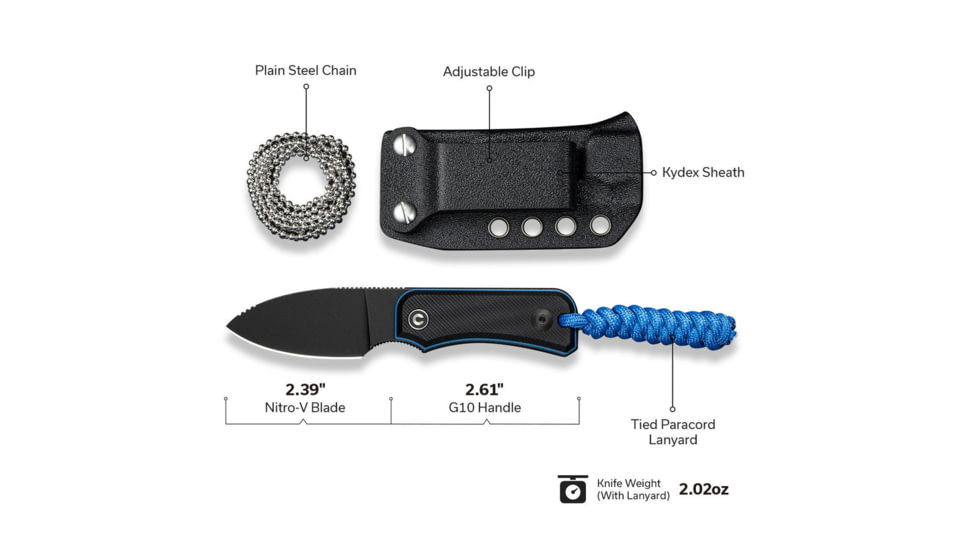 CIVIVI Baby Banter Fixed Blade Knife, 2.39 in, Nitro-V Steel Black Stonewashed Blade, Drop Point Blade, G10 Black/Blue Handle, C23045-1