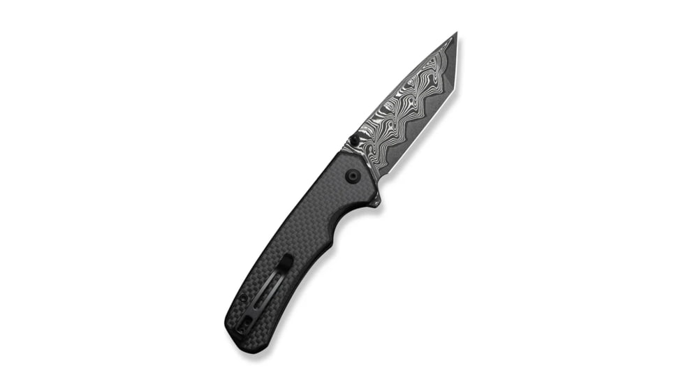 Button Lock Brazen Flipper &amp; Thumb Stud Knife Twill Carbon Fiber Overlay On Black G10 Handle (3.46" Damascus Blade)