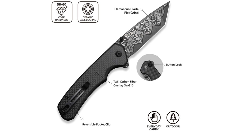 CIVIVI Button Lock Brazen Flipper &amp; Thumb Stud Knife Twill Carbon Fiber Overlay On Black G10 Handle 3.46inch Damascus Blade