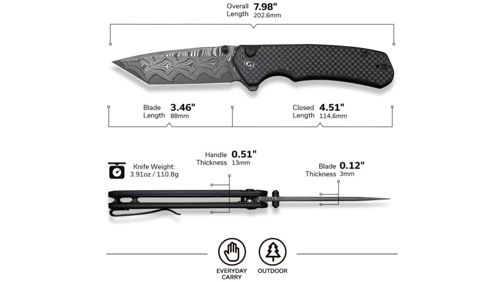 CIVIVI Button Lock Brazen Flipper &amp; Thumb Stud Knife Twill Carbon Fiber Overlay On Black G10 Handle 3.46inch Damascus Blade