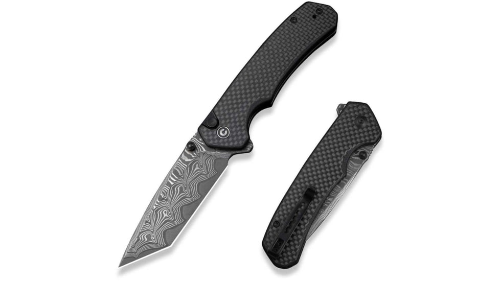 CIVIVI Button Lock Brazen Flipper &amp; Thumb Stud Knife Twill Carbon Fiber Overlay On Black G10 Handle 3.46inch Damascus Blade