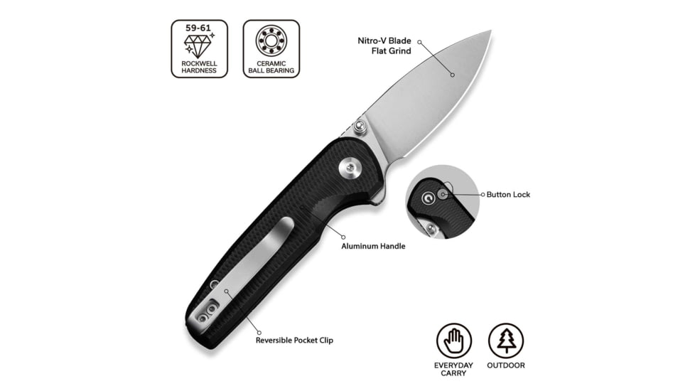 CIVIVI Mini Shakan Flipper &amp; Thumb Stud &amp; Button Lock Knife Ripple Patterned Black Aluminum Handle 2.48inch Satin Finished Nitro-v Blade