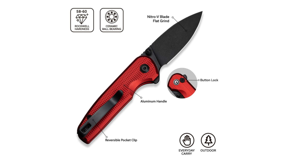 CIVIVI Mini Shakan Flipper &amp; Thumb Stud &amp; Button Lock Knife Ripple Patterned Red Aluminum Handle 2.48inch Black Stonewashed Nitro-v Blade