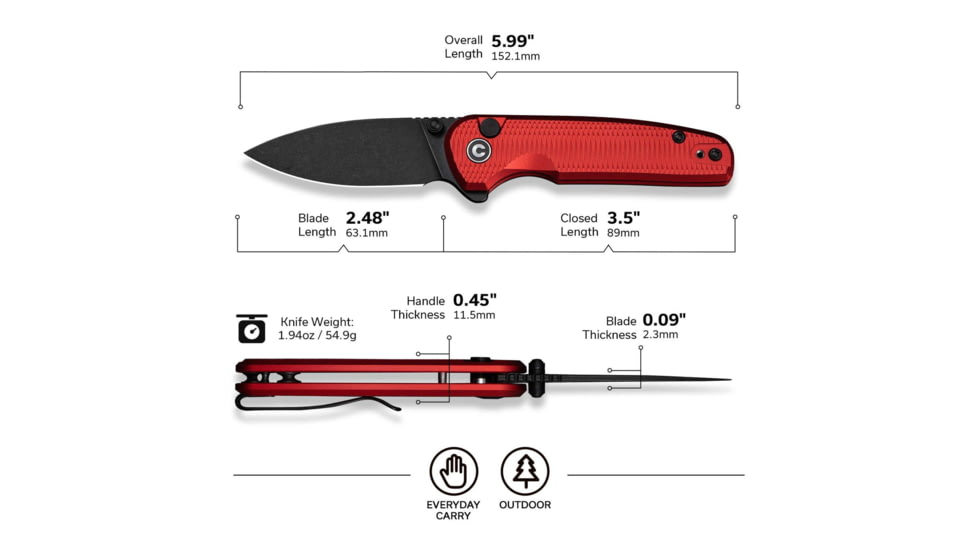 CIVIVI Mini Shakan Folding Knife, 2.48 in, Nitro V Steel, Drop Point Blade, Red Aluminum Handle, C20052F-2