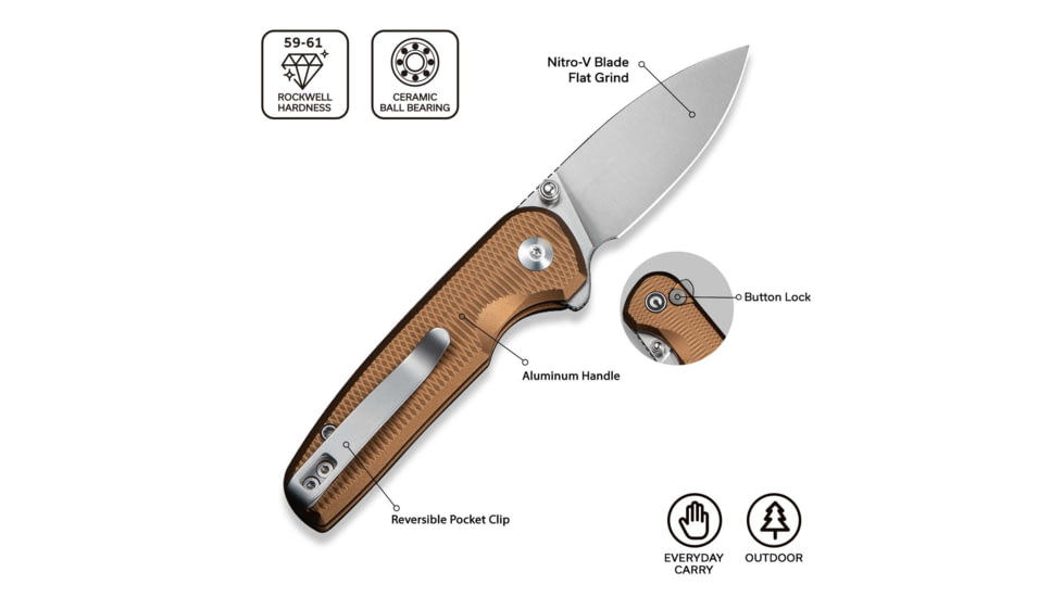 CIVIVI Mini Shakan Flipper &amp; Thumb Stud &amp; Button Lock Knife Ripple Patterned Coyote Brown Aluminum Handle 2.48inch Satin Finished Nitro-v Blade