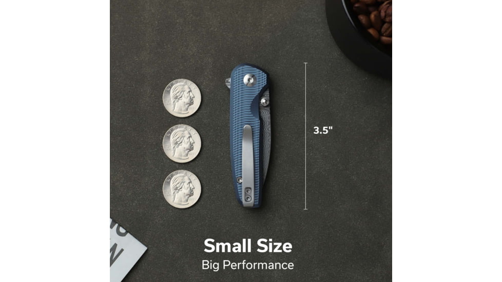 CIVIVI Mini Shakan Flipper &amp; Thumb Stud &amp; Button Lock Knife Ripple Patterned Blue Aluminum Handle 2.48inch Damascus Blade