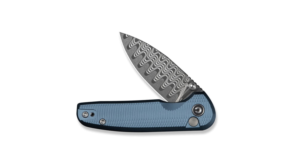 CIVIVI Mini Shakan Flipper &amp; Thumb Stud &amp; Button Lock Knife Ripple Patterned Blue Aluminum Handle 2.48inch Damascus Blade