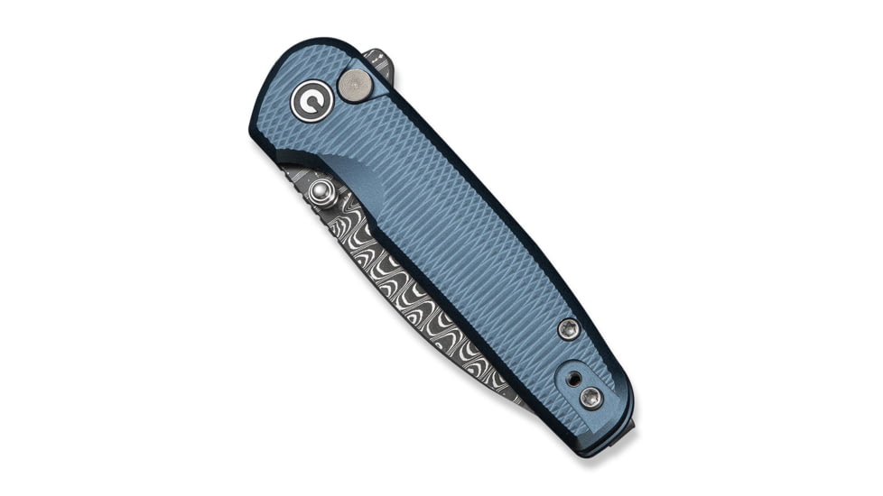 CIVIVI Mini Shakan Flipper &amp; Thumb Stud &amp; Button Lock Knife Ripple Patterned Blue Aluminum Handle 2.48inch Damascus Blade