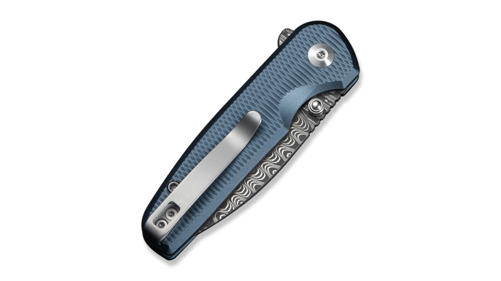 CIVIVI Mini Shakan Flipper &amp; Thumb Stud &amp; Button Lock Knife Ripple Patterned Blue Aluminum Handle 2.48inch Damascus Blade
