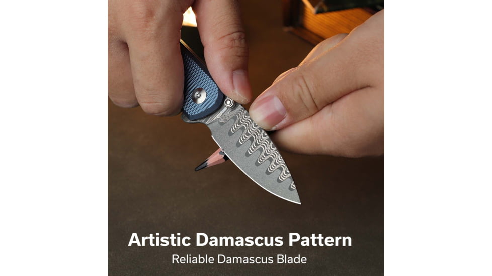 CIVIVI Mini Shakan Flipper &amp; Thumb Stud &amp; Button Lock Knife Ripple Patterned Blue Aluminum Handle 2.48inch Damascus Blade