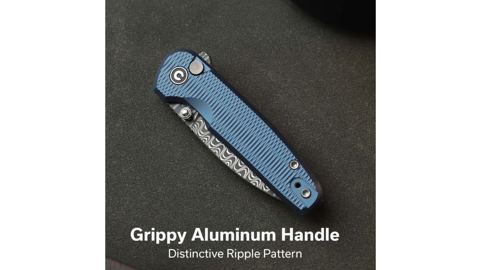 CIVIVI Mini Shakan Flipper &amp; Thumb Stud &amp; Button Lock Knife Ripple Patterned Blue Aluminum Handle 2.48inch Damascus Blade