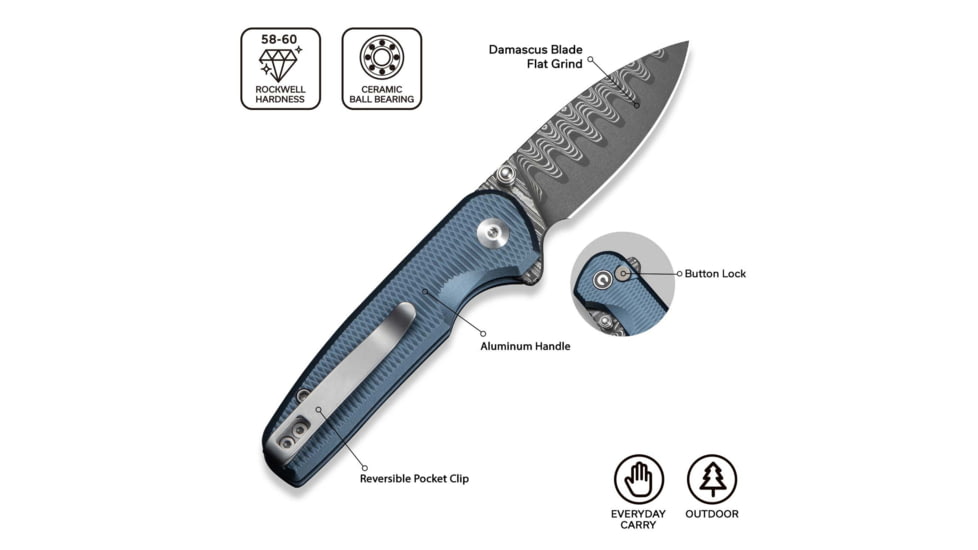 CIVIVI Mini Shakan Flipper &amp; Thumb Stud &amp; Button Lock Knife Ripple Patterned Blue Aluminum Handle 2.48inch Damascus Blade