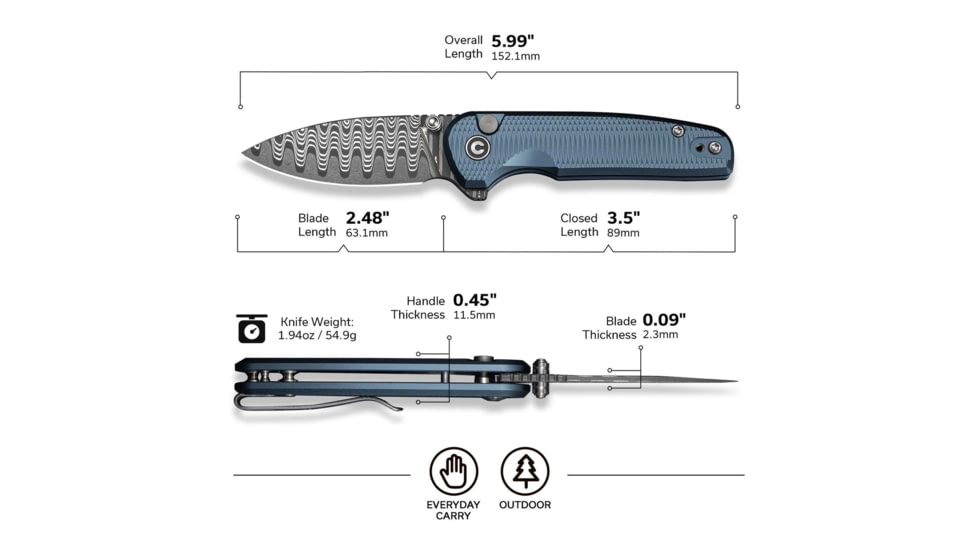 CIVIVI Mini Shakan Flipper &amp; Thumb Stud &amp; Button Lock Knife Ripple Patterned Blue Aluminum Handle 2.48inch Damascus Blade