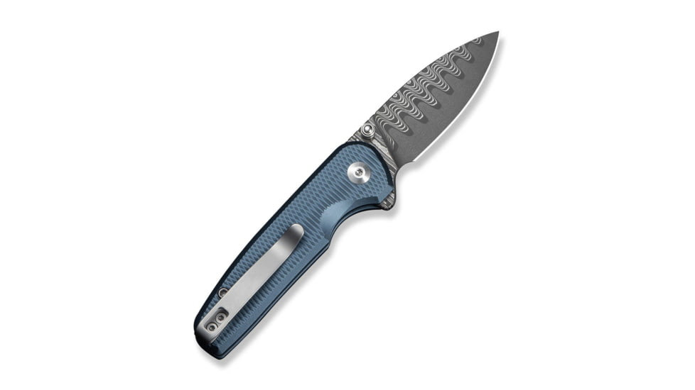 CIVIVI Mini Shakan Flipper &amp; Thumb Stud &amp; Button Lock Knife Ripple Patterned Blue Aluminum Handle 2.48inch Damascus Blade