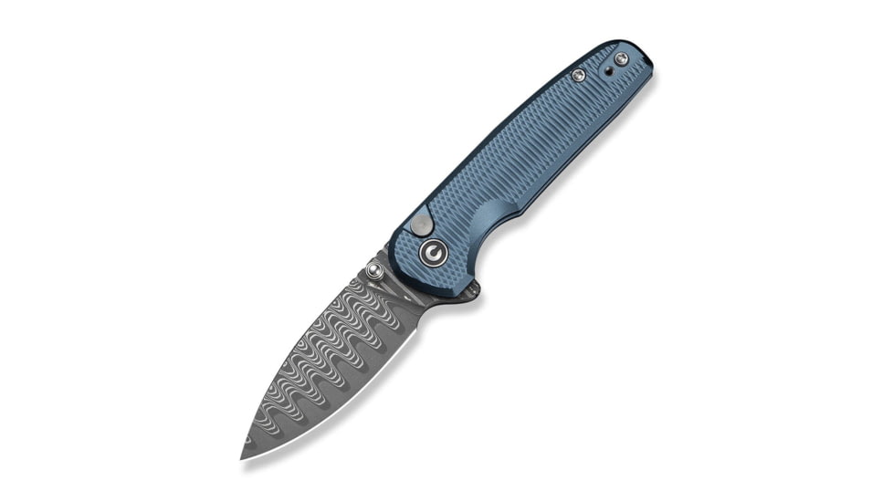 CIVIVI Mini Shakan Flipper &amp; Thumb Stud &amp; Button Lock Knife Ripple Patterned Blue Aluminum Handle 2.48inch Damascus Blade