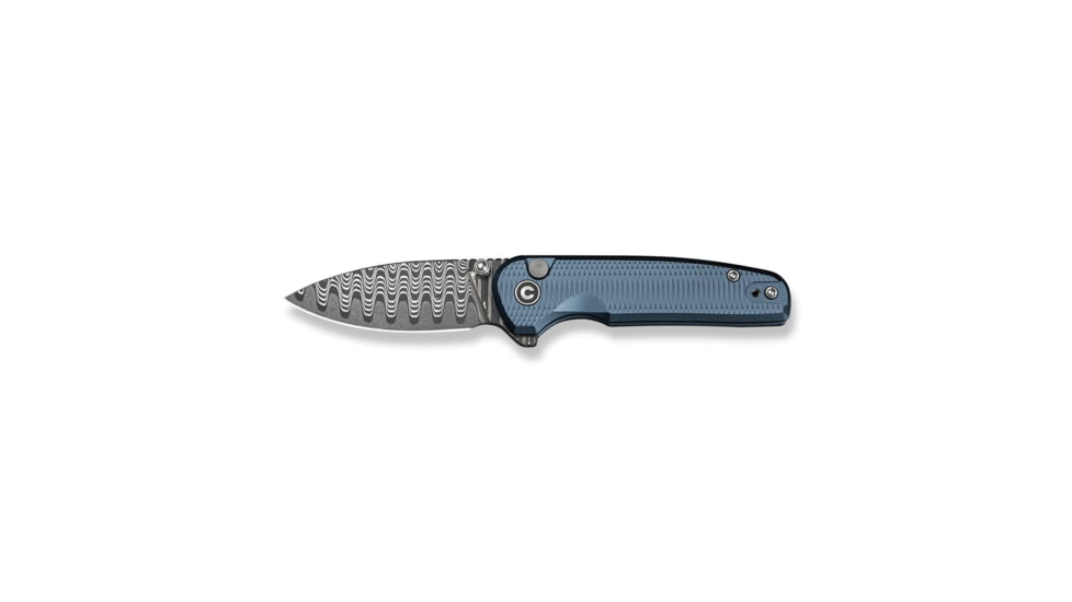 CIVIVI Mini Shakan Flipper &amp; Thumb Stud &amp; Button Lock Knife Ripple Patterned Blue Aluminum Handle 2.48inch Damascus Blade