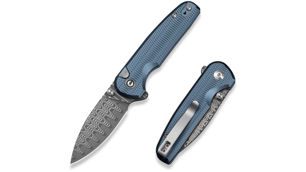 CIVIVI Mini Shakan Flipper &amp; Thumb Stud &amp; Button Lock Knife Ripple Patterned Blue Aluminum Handle 2.48inch Damascus Blade
