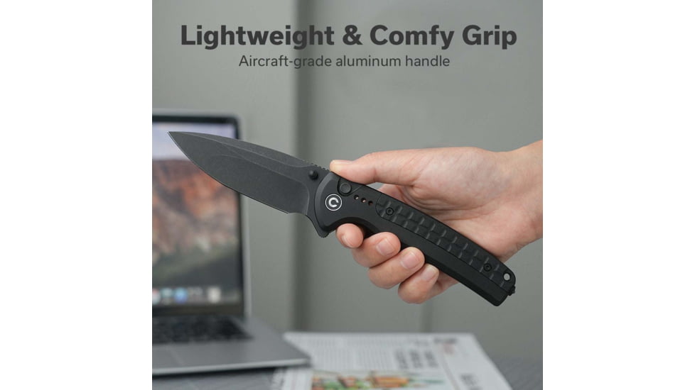 CIVIVI Sentinel Strike Ii Flipper &amp; Thumb Stud &amp; Button Lock Knife Black Aluminum Handle With Black Frn Integral Spacer