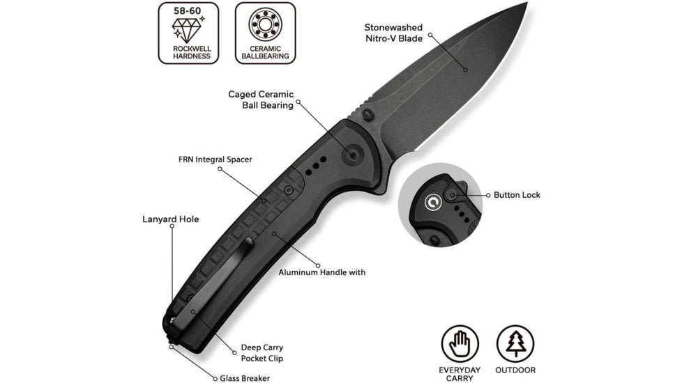 CIVIVI Sentinel Strike Ii Flipper &amp; Thumb Stud &amp; Button Lock Knife Black Aluminum Handle With Black Frn Integral Spacer